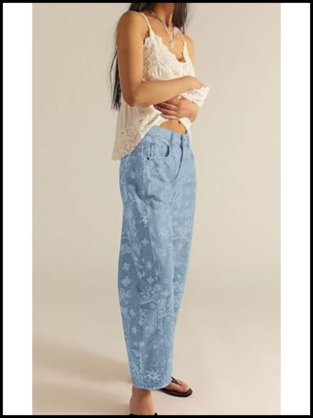 Wide Leg Barrel Jeans Floral Print Denim Ankle Pants Y2k Patchwork - Picture 4 of 5
